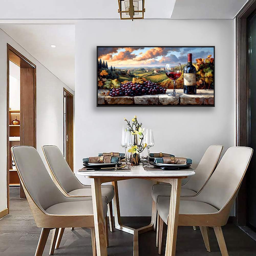 HUADAOART Kitchen Wall Decor Framed Canvas Print Grape Wine Glass Estate Wall Art for Restaurant Rural Landscape Pictures Office Home Decoration 20 x 40 inches Ready to Hang