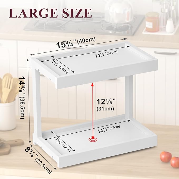 MARTY 2 Tier 15.75"x8.9" Large Countertop Shelf Organizer Spice Rack, Coffee Station Organizer for Mugs Cups, Wooden Shelf Desktop Storage Organizer for Kitchen Bathroom Home Office (White)
