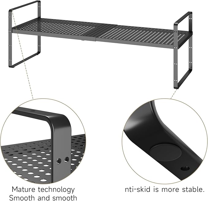 Hole Pattern Expandable Shelf Organizer,1Pack 8.1" Wide Easy to Assemble Cabinet Organizer Shelf, 16.5~27.1" Adjustable Height&Stackable Spice Organization for Cupboard, Black