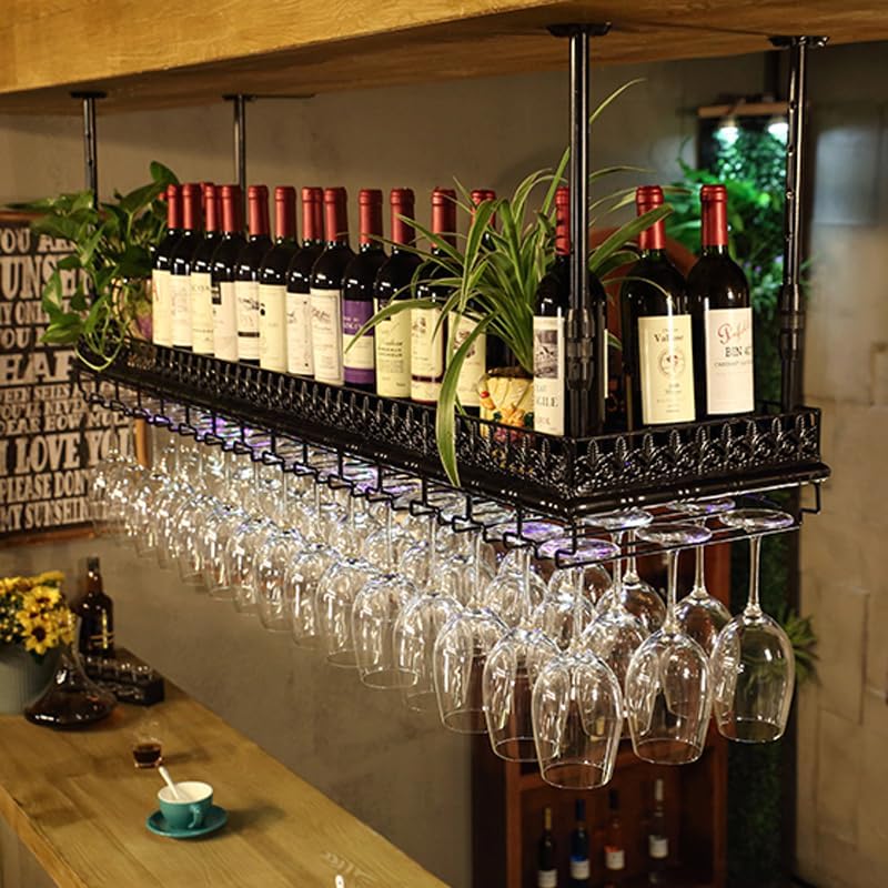 Hanging Wine Rack with Glass Holder, Ceiling Wine Glass Rack 13.78-21.65 inch Height Adjustable Industrial Hanging Wine Rack Ceiling Mounted Metal Wine Shelf Holder for Bar Cafe Kitchen (black)