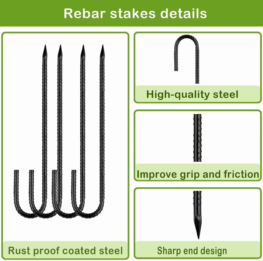 Rebar-Stakes-12-Inch, Ground Stakes Heavy Duty J-Hook Black Coated Anti-Rust Heavy Duty Ground Anchors for Garden Dog Fence Chicken Coop Christmas Decorations Deer Fence 20pcs