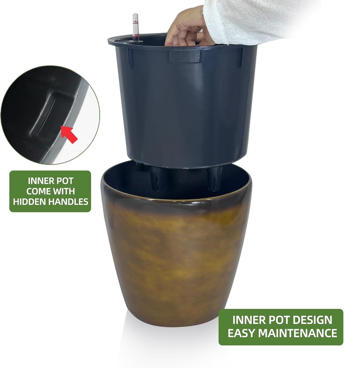 Dexceder 18x17 Self Watering Planter with Wheels Indoor Outdoor, Inner Pot Design, Thickened Large Floor Standing Flower Plant Pot with Water Level Indicator (Yellow Brown Gradient)