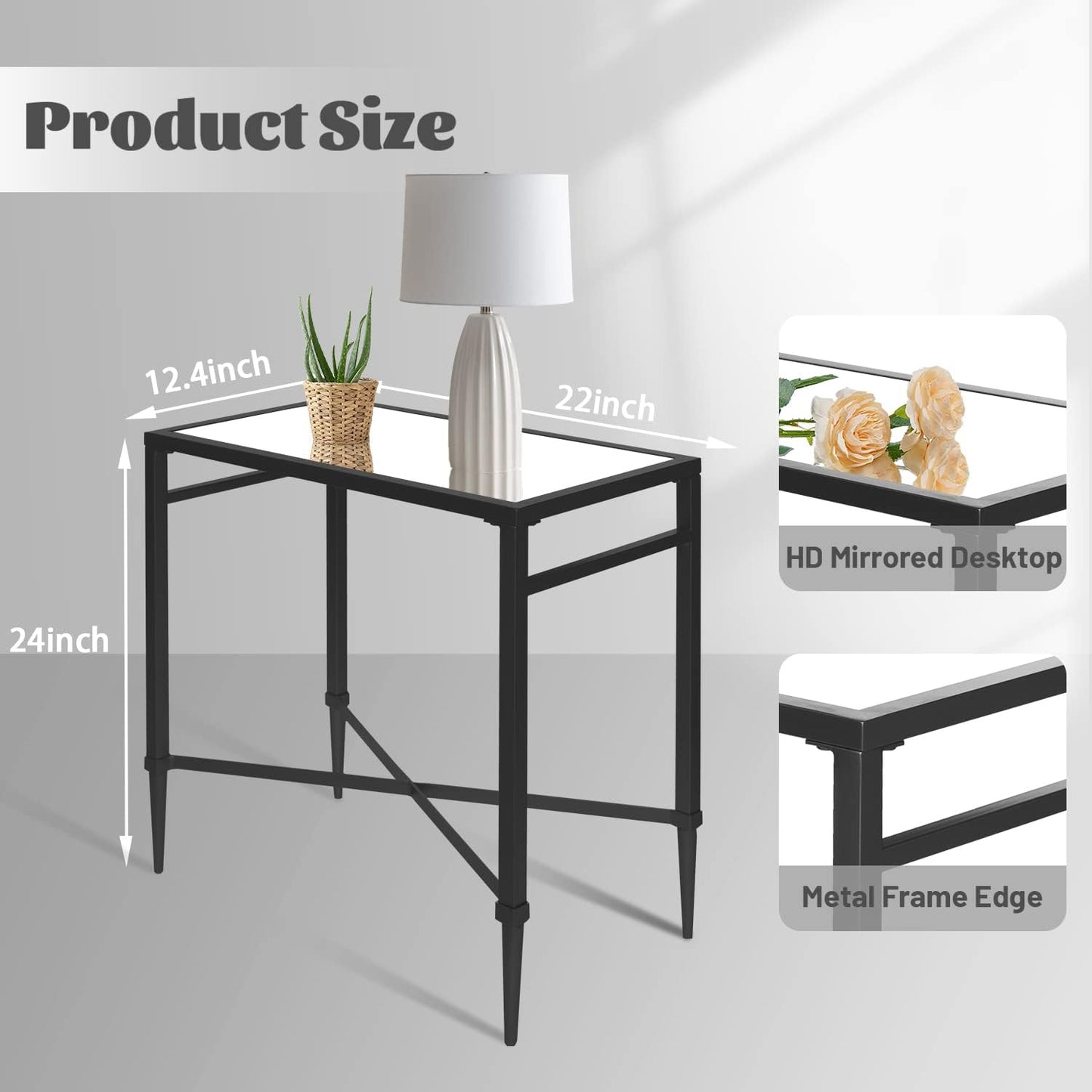 Black End Table, Rectangle Side Table with Mirrored Top, Modern Metal End Table, Small Narrow Side Table for Living Room, Balcony, 22" L x 12.4" W x 24" D