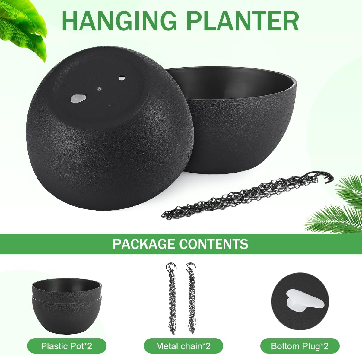13 inch Hanging Planters for Indoor Plants, 2 Pack Planters for Outdoor Plants with Drainage Holes and Chain, Round Plastic Hanging Baskets, Hanging Flower Pots for Balcony Garden Decor-Black