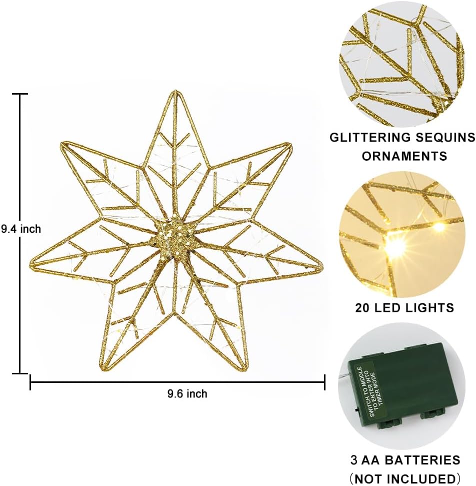 YEAHOME Christmas Tree Topper, Gold Glittered Hollow 7-Point Star Tree Topper, Lighted Wire Star with 20 LED Lights for Christmas Treetop, Xmas Tree Topper with Timer, Christmas Tree Decorations