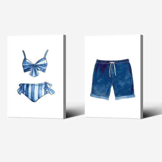 Liyark Set of 2 Retro Navy Blue And White Swimsuit Art Posters Beach Bathing Suit Prints Painting Beach House Wall Art Coastal Wall Decor Pictures For Bathroom Home Decoration 16x24in Framed