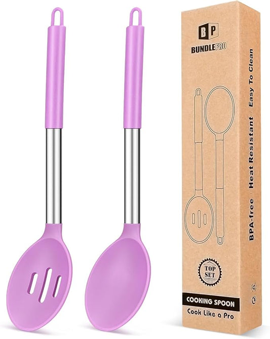 Pack of 2 Large Silicone Cooking Spoons,Non Stick Solid Basting Spoon,Heat-Resistant Kitchen Utensils for Mixing,Serving,Draining,Stirring (PURPLE)
