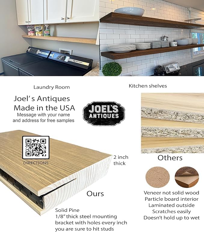 Joel's Antiques - 48 Inch Wooden Floating Shelves for Wall - 48x8x2 in - Made of Natural Wood - Long Heavy Duty Wall - Made in USA - Perfect for Living Room, Kitchen - Grey