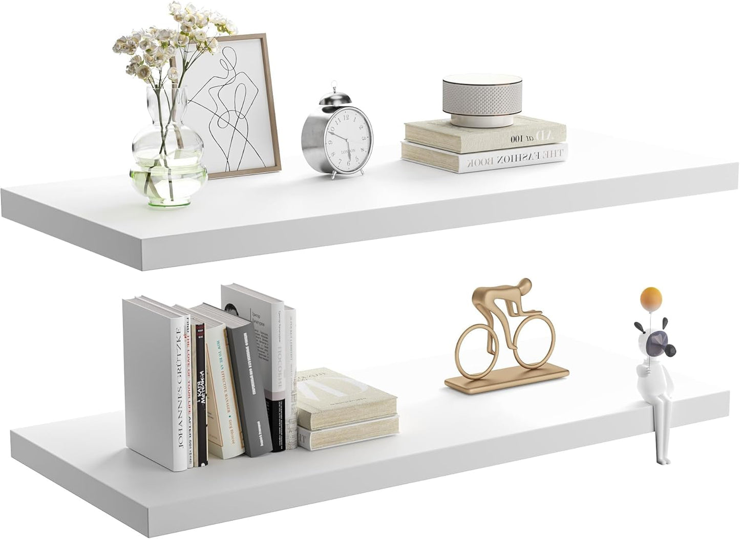 Wall Shelf Set of 2, White Floating Shelves 24 in W x 10 in D x 1 in H, Wooden Floating Wall Shelf with Invisible Brackets for Living Room/Bedroom/Bathroom/Kitchen Storage and Decor
