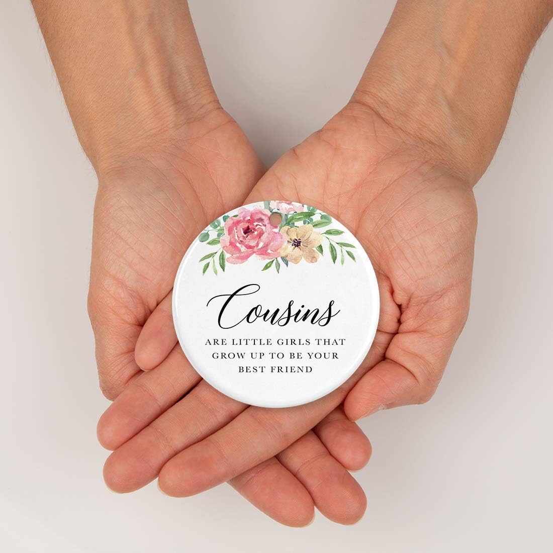 Andaz Press Round Ceramic Porcelain Christmas Tree Ornament Keepsake Gift for Cousins, Cousins are Little Girls That Grow Up to Be Best Friends, 1-Pack