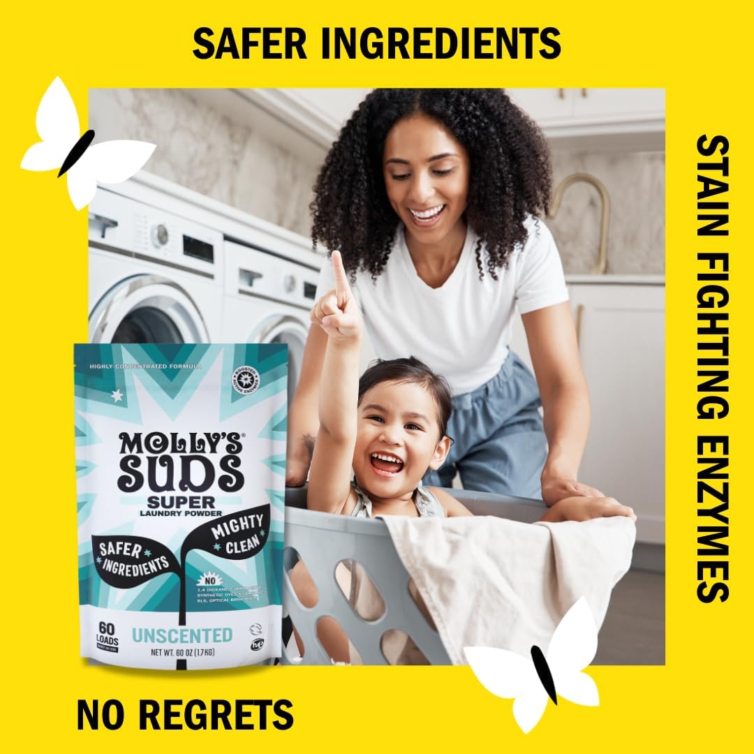 Molly's Suds Unscented Super Powder Detergent | Extra Strength Laundry Soap, Stain Fighting | Sensitive Skin | Simple, Effective Ingredients | 120 Loads Total (2 Pack)