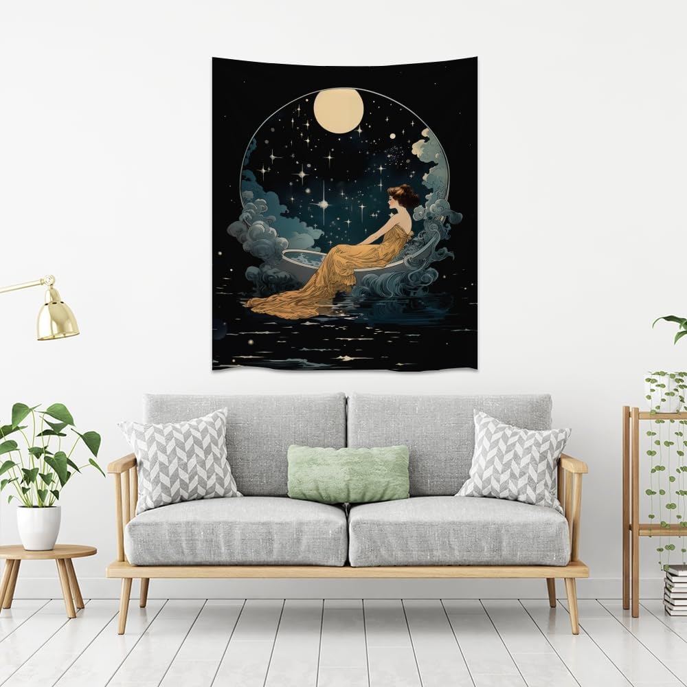 Dark Academia Tapestry Celestial Moonlit Bathing Lady Print Trendy Aesthetic Gothic Wall Hanging Vintage Art Nouveau Tapestries Wall Decor for Bedroom Living Room Dorm 30x40inch