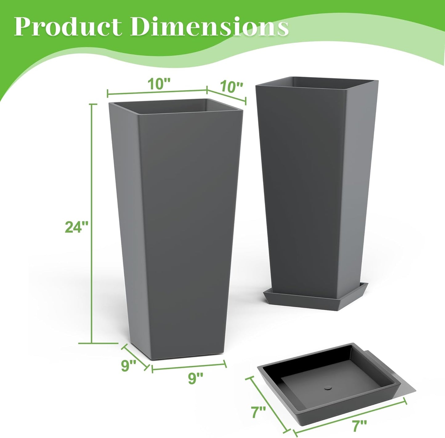 FENCY Set of 2 Tall Planters for Outdoor Plants, 24 Inch Large Tapered Pots with Drainage Trays, Weather-Resistant Plastic Plant Containers for Patio, Porch, Garden, Front Door Decor,Gray