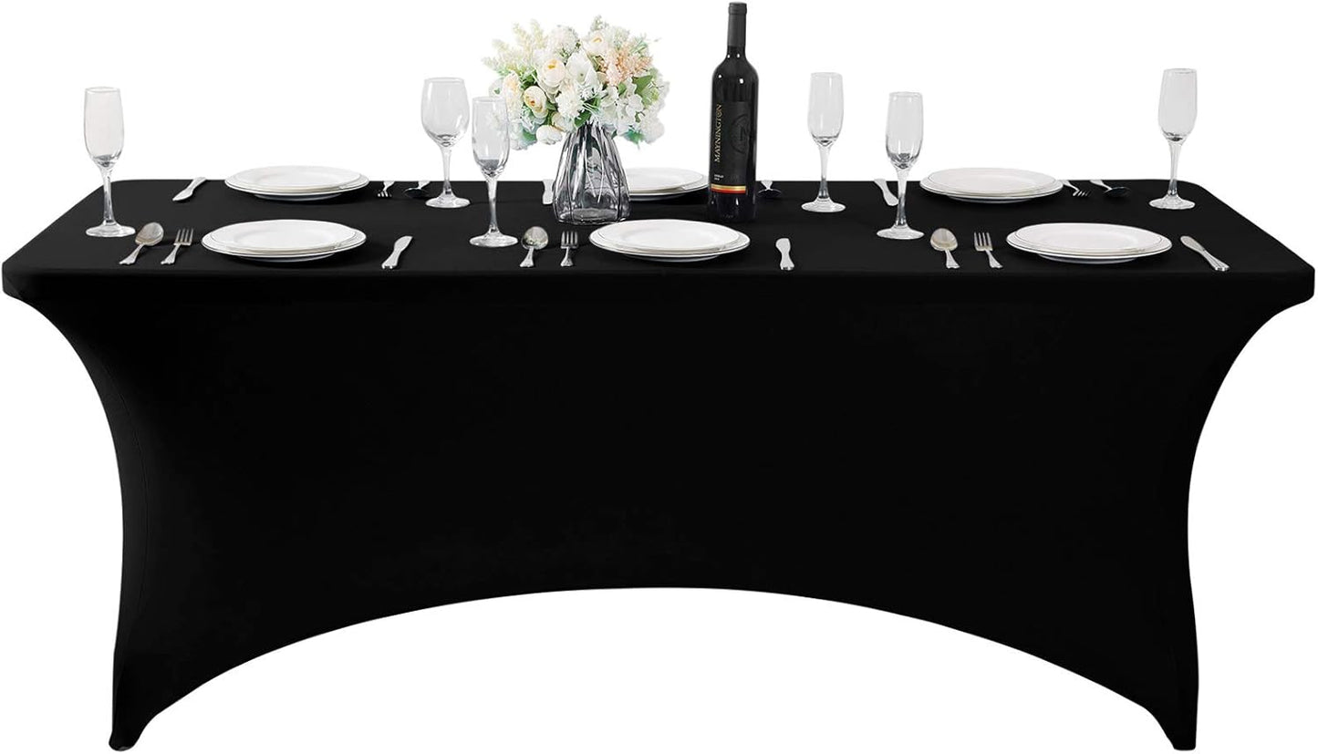 SuperO 2Pack Waterproof Spandex Table Cover for 6FT Table Universal Fitted Stretch Tablecloth for Party, Banquet, Wedding and Events-Black