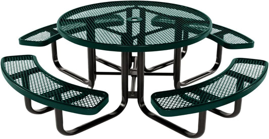 Heavy-Duty Portable Outdoor Kids Table with Umbrella Hole, Expanded Metal Kids Picnic Table, Commercial-Grade, Made in America (46 in, Round, Childrens, Textured Dark Green)