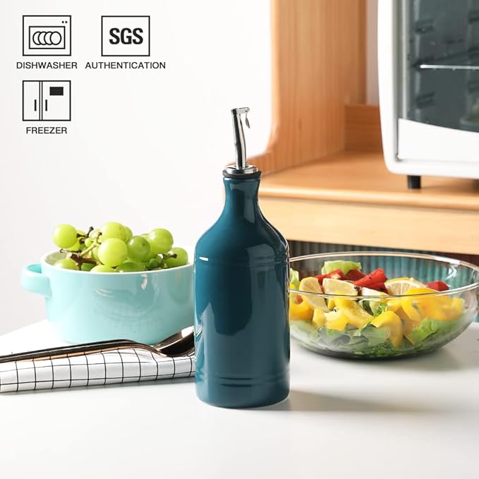 Sweejar Ceramic Olive Oil Dispenser Bottle, Opaque Oil Cruet Protects Oil to Reduce Oxidation, Suitable for Storage Oil, Vinegar, Coffee Syrups & Other Liquids, Pack of 1, 15.5 Fl Oz (Teal Green)