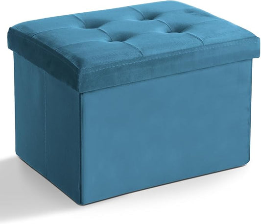 LINMAGCO Storage Ottoman Folding Foot Stool Velvet Foot Rest with Padded Modern Ottoman with Storage for Living Room Puppy Step Stool 17x13x13in(Blue)