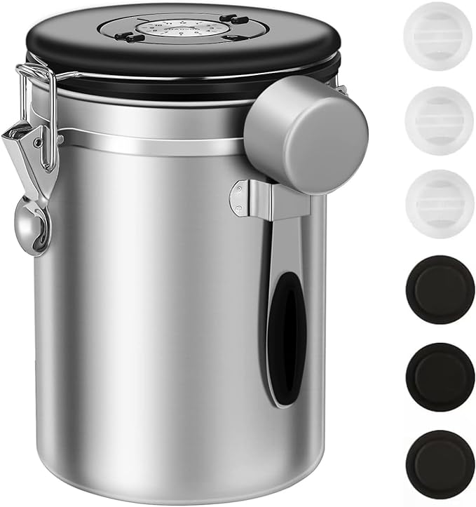 ShanSon Coffee Canister Airtight Stainless Steel Kitchen Food Storage Container with Date Tracker for Beans Grounds Tea Flour Cereal Sugar, 22OZ, Silver