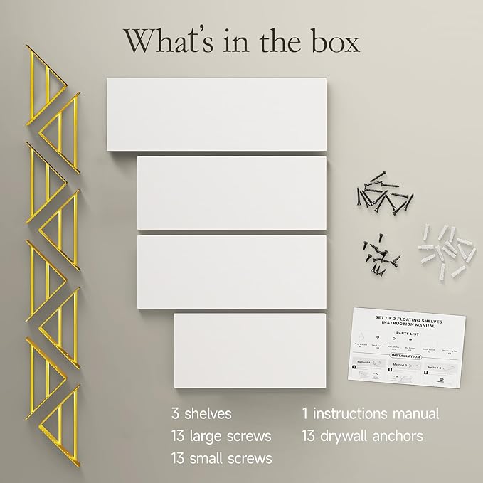 BAYKA Wall Shelves for Bedroom Decor, Floating Wall Shelves for Living Room Kitchen Storage, Wall Mounted Rustic Wood Shelves for Kids Books, Corner Shelf for Bathroom(White and Gold，Set of 4)