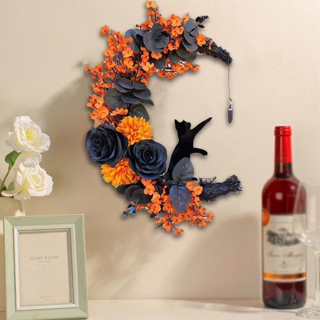 Halloween Wreaths for Front Door with Light, Black Cat Crescent Moon Wreath, Cute Cat Garland Halloween Door Decorations for Outdoor Indoor Decor Wall Window Home Party