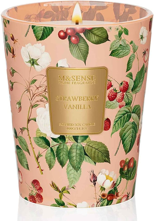 M&SENSE Strawberry Vanilla Scented Natural Soy Wax Candle, 14.1oz 60 Hours Long Lasting Slow Burning Candles for Home Decor, Aromatherapy Candle for Stress Relief
