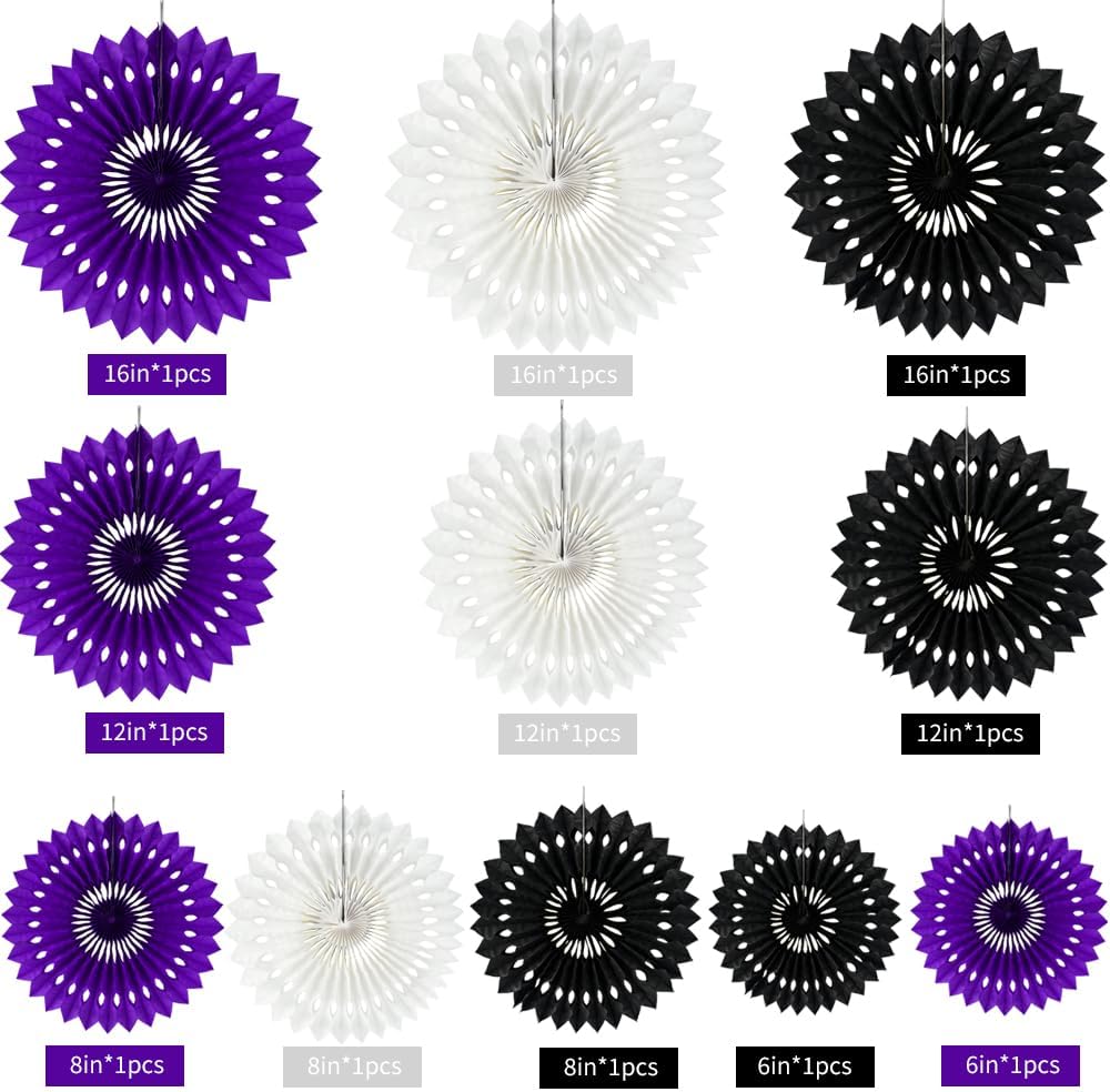 BEISHIDA Black Purple White Hanging Honeycomb Round Paper Fans Decoration Set for New Year Baby Shower Halloween Birthday Wedding Photo Booth Backdrops Anniversary Paper Party Supplies 11packs