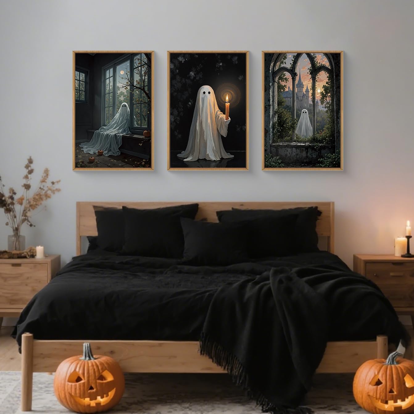 LHIUEM Large Halloween Cute Ghost Framed Canvas Wall Art Set,Vintage Spooky Wall Decor,Retro Dark Prints,Midnight Candle Poster Artwork for Living Room,Bathroom,Dining Room -16"x24"x3