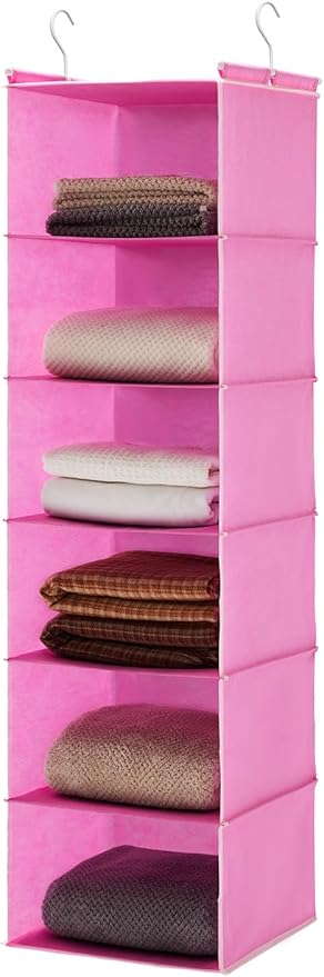 MAX Houser 6-Shelf Hanging Closet Organizer, Hanging Storage Shelves with 2 Sturdy Hooks Space-Saving for Bedroom, Foldable (Pink)