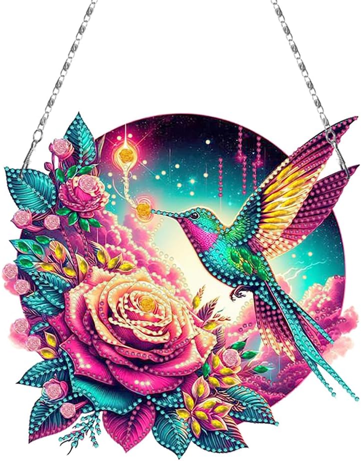 Flowers Hummingbird Diamond Art Kits,5D Diamond Hanging Ornament Kits,DIY Special Shaped Diamond Dot Kits,Home Porch Crystal Hanging Pendant Ornament (Colorful1)