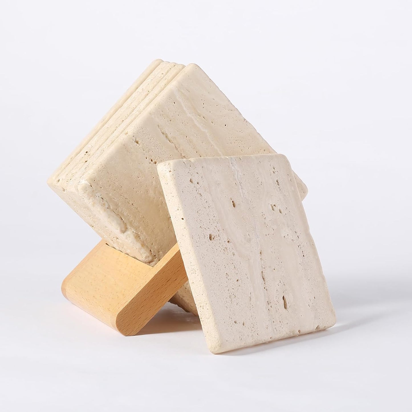 BCS Square Marble Coasters Set of 6 with Holder - Premium Travertine Drink Coasters for Coffee Table, Durable Cup Mats for Wine, Beer, Cocktails - Elegant Home & Bar Decor