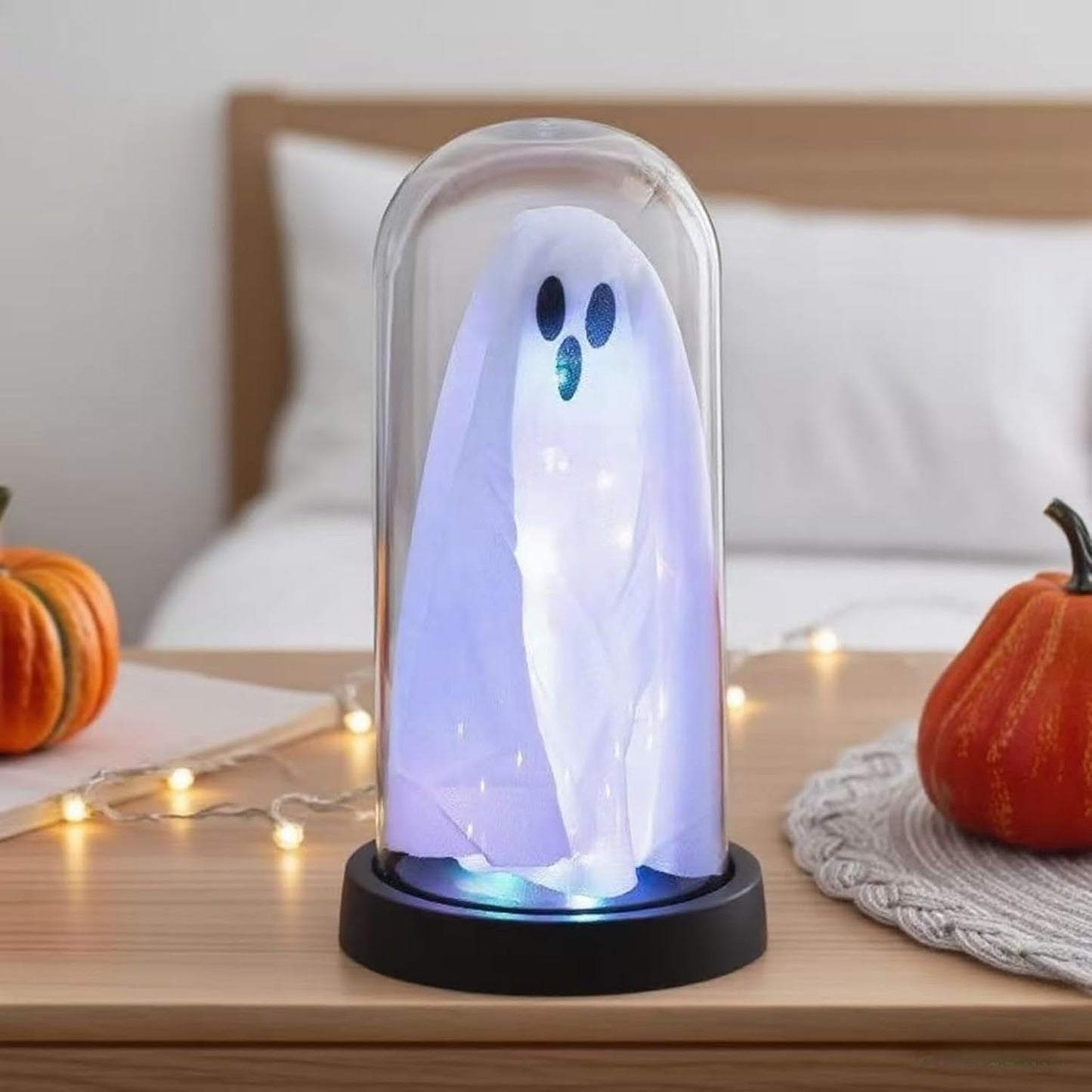Light Up Ghost in Glass Cloche,Halloween Decorations Indoor,Cute LED Ghost Decor for Mantel,Tabletop,Cute Decorative Ornaments Suitable for Halloween Parties and Festivals(Warm Light,Glass Cover)