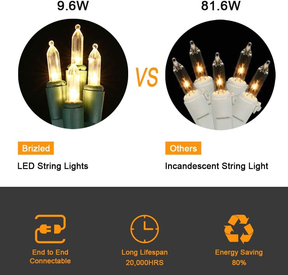 Brizled Mini Christmas Lights, 33ft 100 LED Christmas String Lights Connectable, UL Certified Energy Saving Xmas Tree Light for Indoor Outdoor Bedroom Wedding Party Xmas Tree Decoration, Warm White