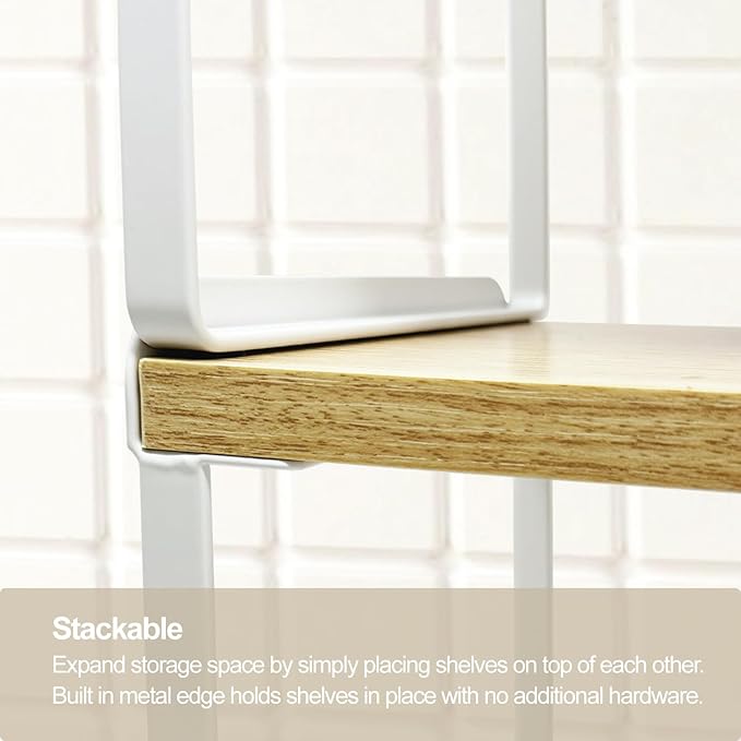 Mitus Shelf Organizer and Storage, Tiered Wood Cabinet Rack for The Kitchen Counter, Bathroom Counter, Pantry Cupboard, Office Desk Bookshelf, 12" Wide Natural and White