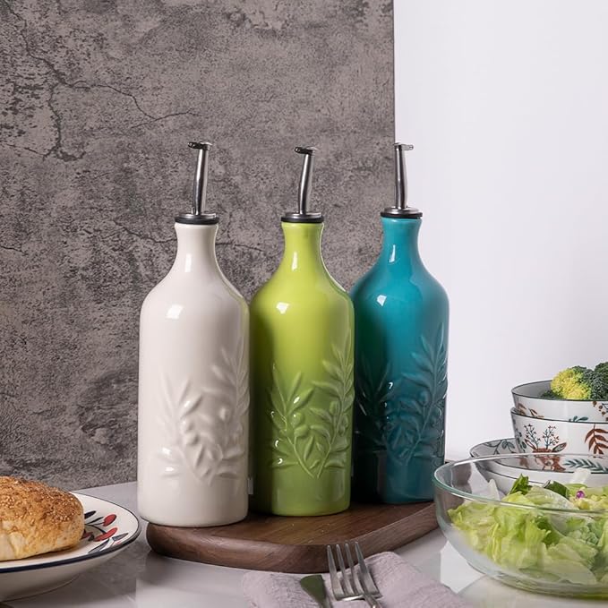 Sweejar Ceramic Olive Oil Dispenser Bottle, 20 Oz Relief Opaque Oil Cruet Protects Oil To Reduce Oxidation, Storage Oil, Vinegar, Soy Sauce, Coffee Syrup, Liquids, Set of 1 (Gradient Green)