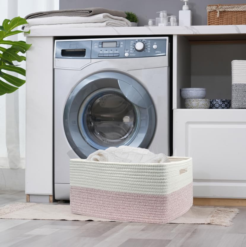 COMFY-HOMI Cotton Rope Woven Basket with Handles for Shelves,Toys,Book, Cloth Storage Baskets for Organizing-17" x 13" x 7.5" Toy Decorative Organizer for Living Room, Bathroom （white/pink）