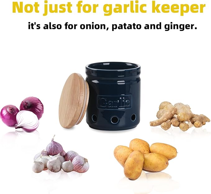 Large Garlic Keeper with Wooden Lid, Ceramic Garlic Holder Storage, Garlic Container for Kitchen, Garlic Saver to Keep Your Garlic Cloves Fresh Longer 4.5-Inch, Navy