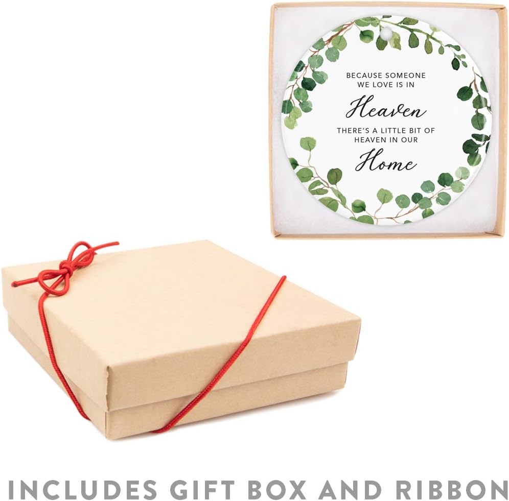 Andaz Press Round Ceramic Porcelain Christmas Tree Ornament Keepsake Memorial Bereavement, Because Someone We Love is in Heaven, There's Heaven in Home, Farmhouse Eucalyptus Wreath, 1-Pack