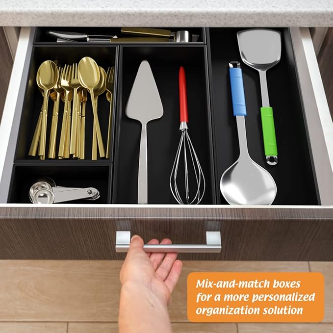 Black Bamboo Drawer Organizer - Silverware&Utensil Holder Organizer for Kitchen Drawers, Multi-Use Drawer Dividers Boxes for Bathroom Counter，Cabinet, Garage, Office Desk, Makeup, Jewelry (9"6"2.5")