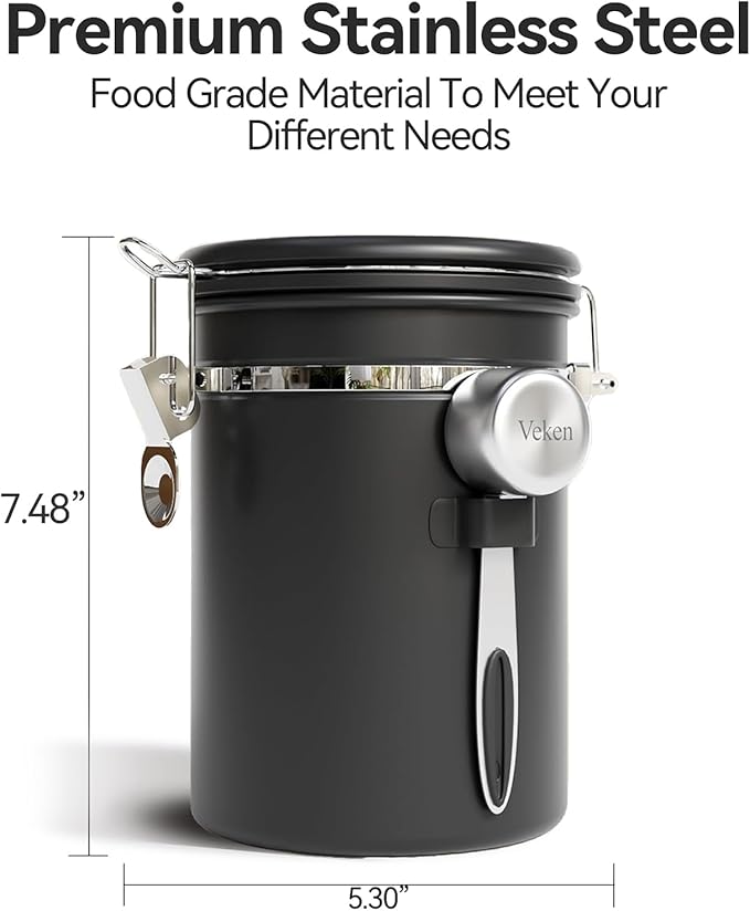 Coffee Canister Set 16 + 22 + 38 oz with Window, Airtight Stainless Steel Kitchen Food Storage Container with Date Tracker and Scoop for Grounds Coffee, Beans, Tea, Flour, Cereal, Sugar, Black