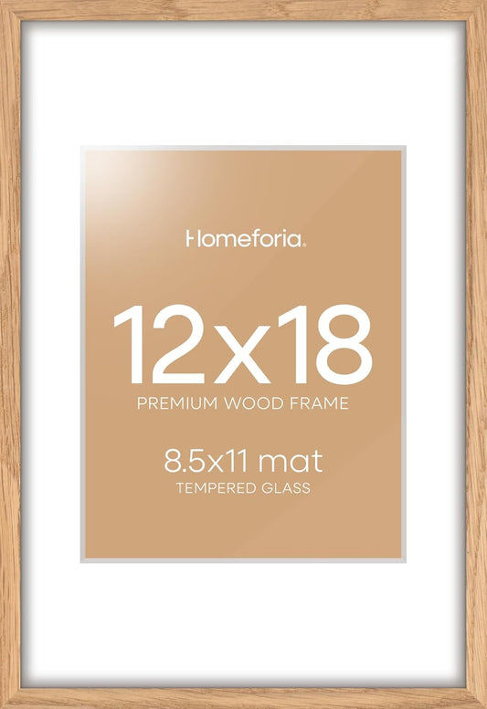 Homeforia 12x18 Picture Frame Wood, High End Natural Oak 12x18 Light Wooden Poster Frame with Mat 8.5x11, 12 x 18 Frames Matted to 8.5 by 11 Photo, 18x12 Thin Frame, Tempered Glass, Wall Kit, Set of 1