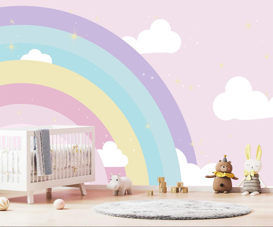 WFBHUA-Rainbow Cloud Wallpaper Mural Kids Bedroom Pink Wallpaper for Girls Room Baby Room (Not Peel and Stick)