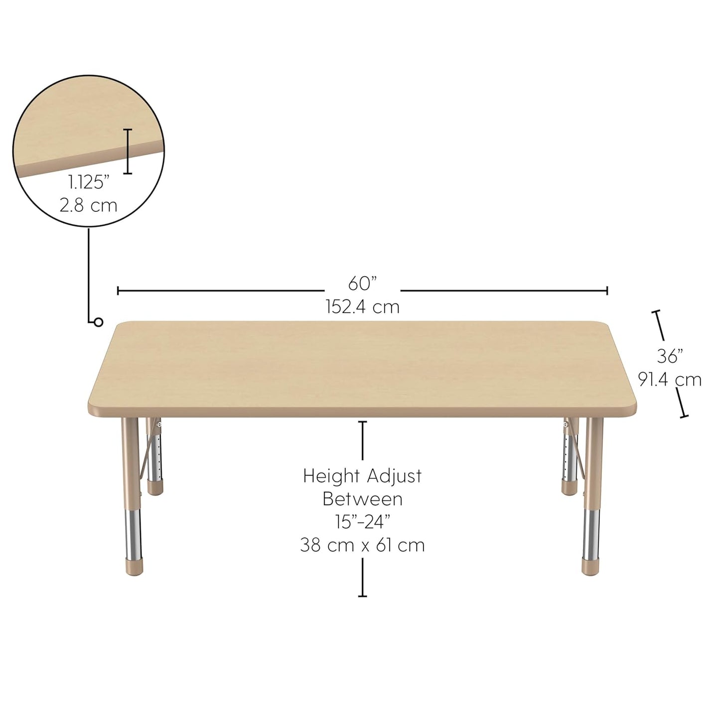 Factory Direct Partners FDP Rectangle Activity School and Classroom Kids Table (36 x 60 inch), Toddler Leg, Adjustable Height 15-24 inches - Maple Top, Maple Edge with Sand Legs