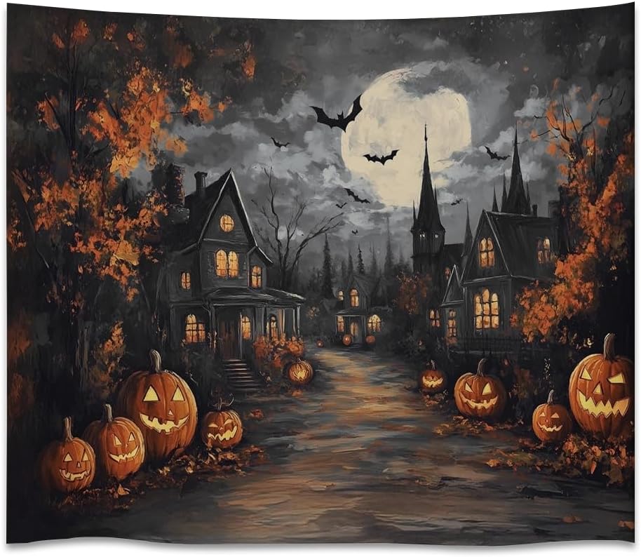 Spooky Halloween Tapestry Haunted Home Bats Pumpkin Tapestry Wall Hanging Dark Academia Fall Full Moon Decor Gothic Ghost Tapestries for bedroom Living Room Decoration 60x80inch