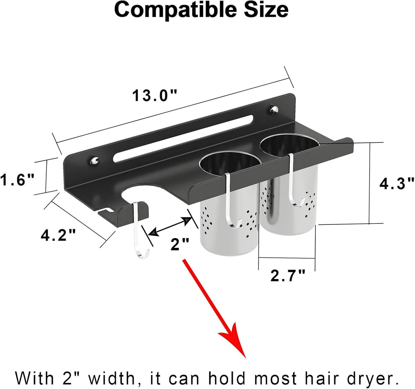 junyuan Hair Tool Organizer Wall Mount,Self Adhesive Hair Dryer Holder for Bedroom & Bathroom,Blow Dryer Holder for Dyson Hair Dryer,Stainless Steel Cups for Medium or Small Bathroom Storage 4" Width
