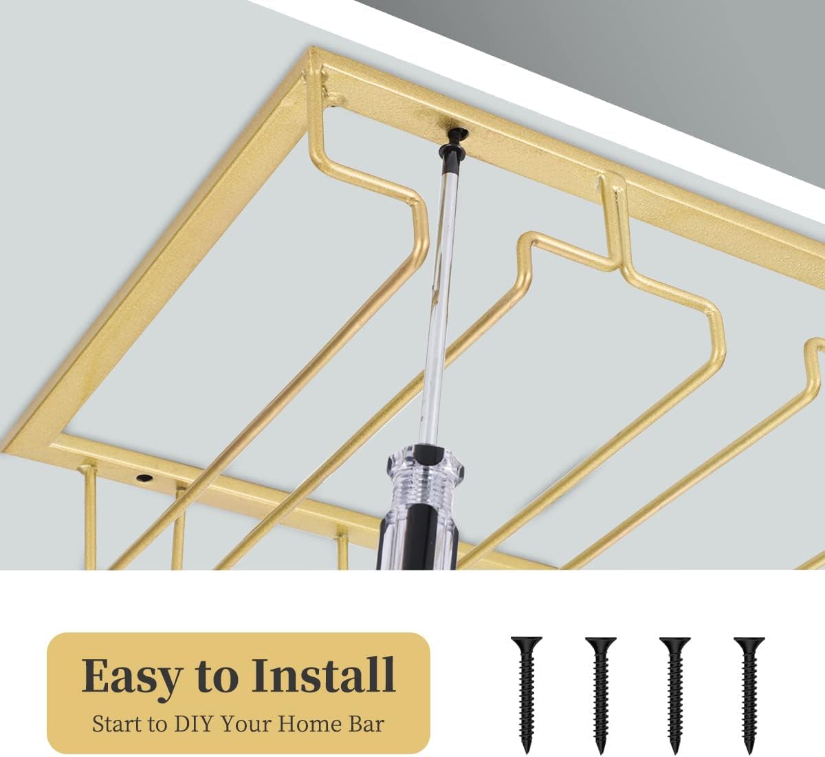 Xverycan Wine Glass Rack Under Cabinet, 8 Row Extreme Large Stemware Hanger, Metal Wine Goblet Holder, DIY Bar Glass Storage Rack for Bar Counter, Kitchen, Screws Included (Gold)