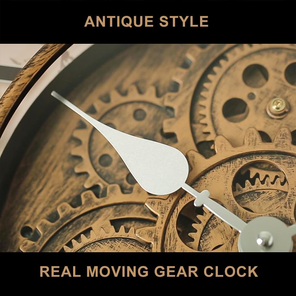 18 Inch Wall Clock with Moving Gears, Oversized Large Industrial Steampunk Decoration, Antique Metal Big Numeral Wall Clocks for Kitchen Study Room Living Room Decor (World Map Classical Gold)