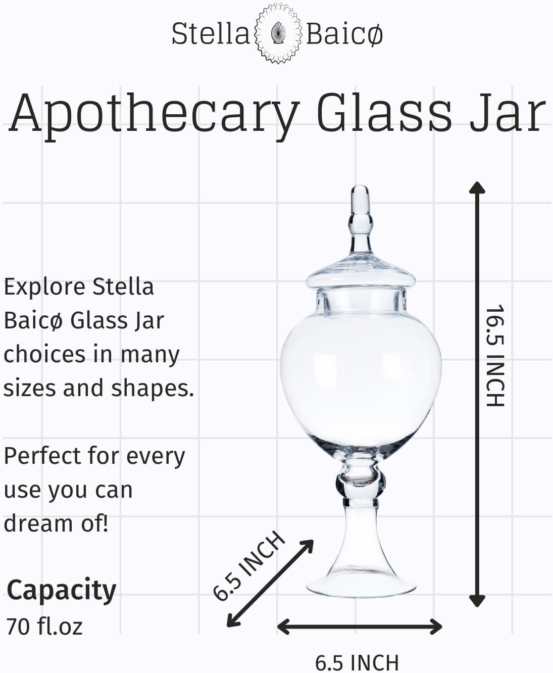 Large Glass Apothecary Jars with Lid, Clear Candy Jar for Candy Buffet, Fancy Decorative Glass Jar for Party, Wedding and Display, Tall Glass Candy Containers (Height: 16.5", Diameter: 6.5")