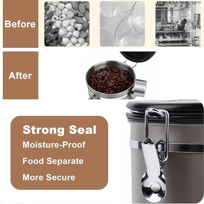 Coffee Canister Airtight Storage Container Stainless Steel Coffee Jar with Scoop,Date Tracker CO2 Release Valve for Dry Food Beans Ground Tea Flour Cereal and Sugar (1.8L Grey-Brown With Spoon)