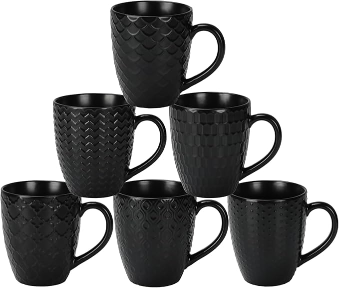 16 OZ Bone Coffee Mugs Set of 6 Matte Black, Large Ceramic Coffee Mugs Set with Different Texture Patterns, Porcelain Cups with Handle for Espresso Latte Tea Milk