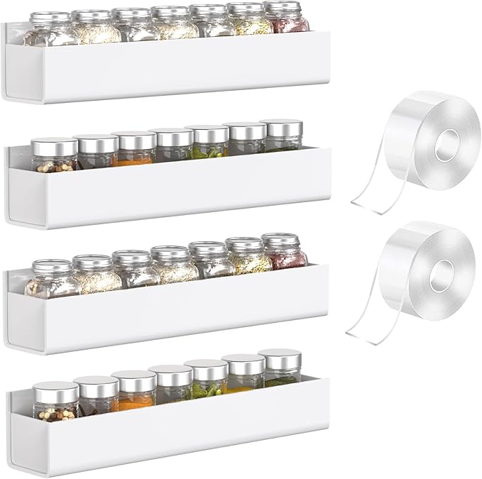 PMMASTO Adhesive Acrylic Spice Rack Organizer for Wall with Nano Double Sided Tape, Spice Shelf Organization for Kitchen Cabinet Door/Pantry Door, Wall Mount Seasoning Rack (White - 4 Pack)